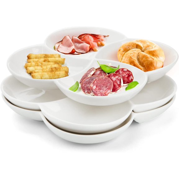 Set of 3 Porcelain Appetizer Platter with 4 Compartment, Flower-shaped Candy and Nut Serving Tray Snack Serving Plate Dishes for Vegetables, Fruit, Dessert, 8.5'' x 8.5'', White