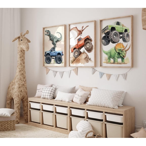 Set 3 Posters Dinosaur Monster Truck Adventure Watercolor T Rex pterodactyl Triceratops Pastel Clipart Style Print Decor wall Set 3