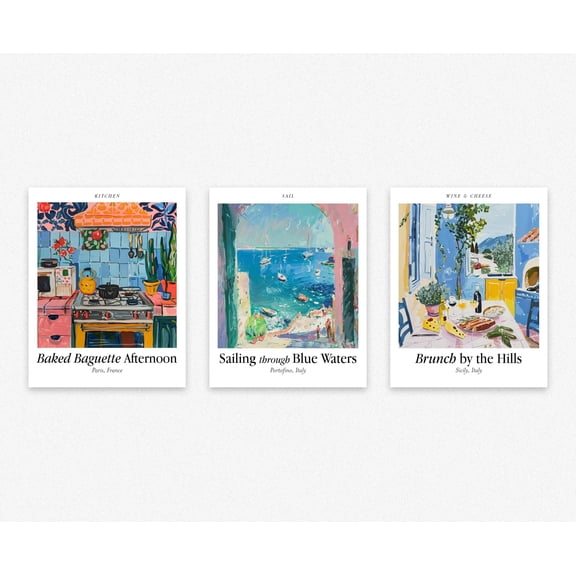 Set of 3 Posters - Kitchen Vibrance, Mediterranean Sailing Scene, and Brunch by the Hills - Artistic Prints for Kitchen, Dining Room, and Living Room Decor - Aesthetic Wall Art for Food Lovers