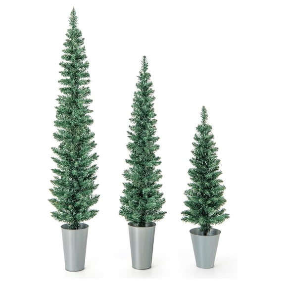 Set of 3 Potted Christmas Tree, 3’ 4’ 5’ Slim Pencil Trees with 120, 140, 160 Branch Tips & Cement-Filled Metal Bases, Artificial Entrance Xmas Trees for Porch, Front Door, Entryway