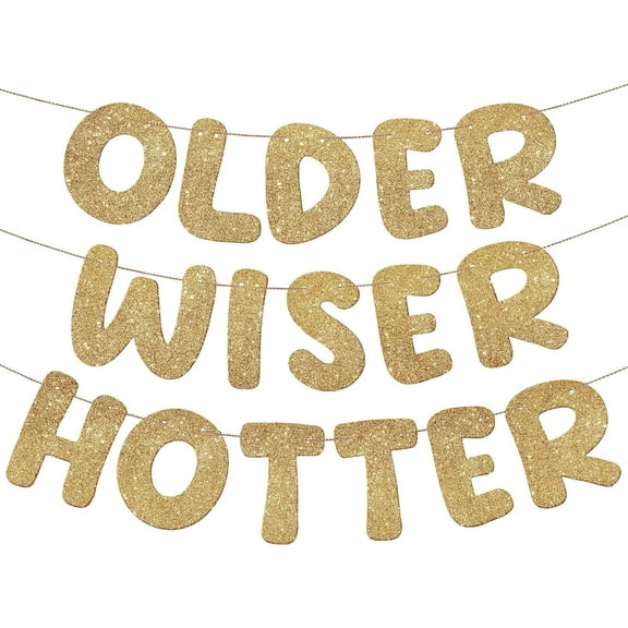 Set of 3 Pre Strung Older Wiser Hotter Glitter Banner Funny Birthday Banner for Women 30th 40th 50th 60th 70th 80th Birthday Party Decorations Sign Gift(Champaign Gold)