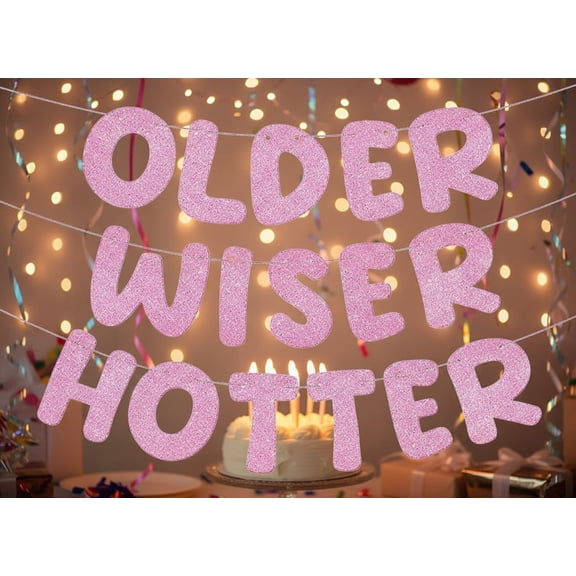 Set of 3 Pre Strung Older Wiser Hotter Glitter Banner Funny Birthday Banner for Women 30th 40th 50th 60th 70th 80th Birthday Party Decorations Sign Gift(Pink)