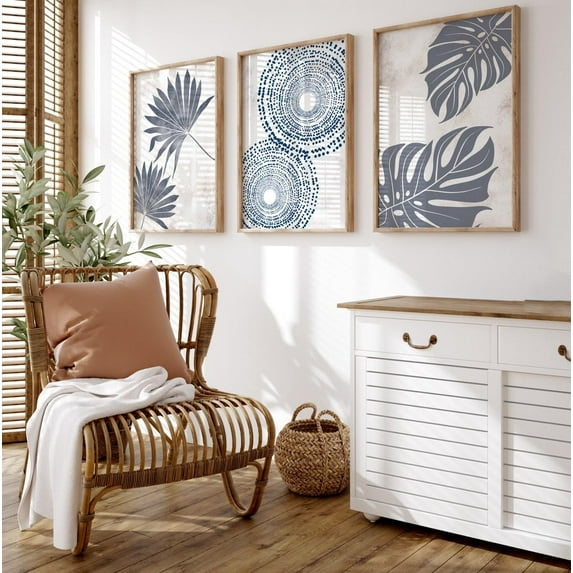 Set Of 3 Prints Blue and White Monstera Leaf Wall Art Palm Leaf Poster Painting Pictures Minimalist Tropical Artwork for Bedroom Beachy Decor With Inner Frame