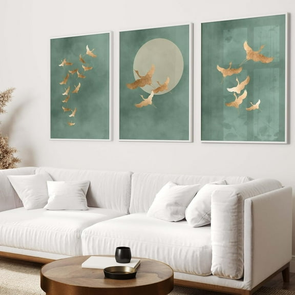 Set of 3 Prints Sage Green Cranes Wall Art Gold Birds Full Moon Poster Painting Pictures Minimalist Canvas Artwork for Living Room Bedroom Decor With Inner Frame
