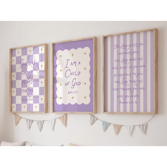 Set Of 3 Purple Bible Verses Posters For Girls Room God Has Great Plans For Me I Am A Child Of God Poster The Lord Bless You And Keep You, Stretched Canvas