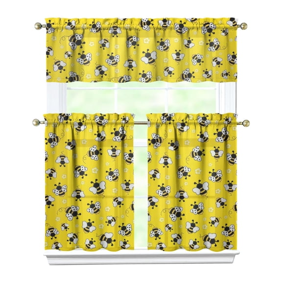 Set of 3 Queen Bee Kitchen Curtains - Honeycomb Pattern, Semi-Sheer Caf Curtains with Valance, Cartoon Bumble Bee Design, Farmhouse Short Curtains for Small Windows