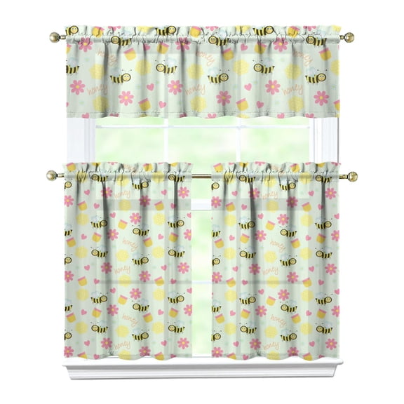 Set of 3 Queen Bee Kitchen Curtains - Honeycomb Pattern, Semi-Sheer Caf Curtains with Valance, Cartoon Bumble Bee Design, Farmhouse Short Curtains for Small Windows