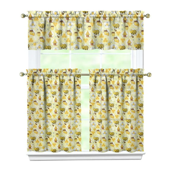 Set of 3 Queen Bee Kitchen Curtains - Honeycomb Pattern, Semi-Sheer Caf Curtains with Valance, Cartoon Bumble Bee Design, Farmhouse Short Curtains for Small Windows