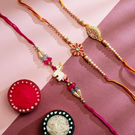 Set of 3 Rakhi for Brother Rakhi Thread for Bhai Bhabhi Bhaiya Bhabhi and Bhatiji veera Raksha Bandhan Rakhi gift Pack Set Dora Bracelet Kalwa for Brother Sister Indian Traditional Festival Rakhi