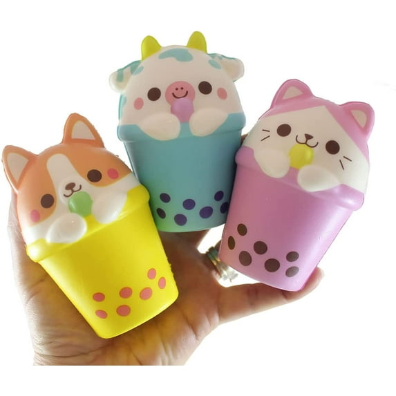 Set of 3 Random - 4" Animal Drinking Bubble Drink Cute Micro Slow Rise Squishy Toys - Memory Foam Party Favors, Prizes, OT Cow, Alpaca, Cat, Corgi, Bear, Unicorn