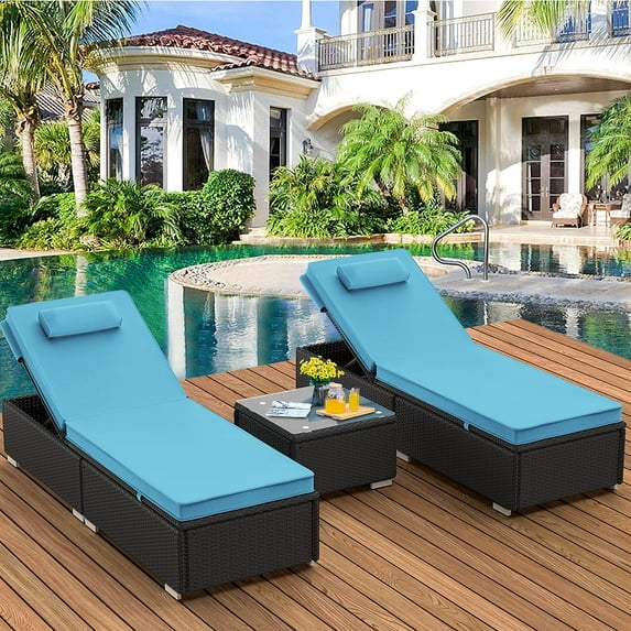 Set of 3 Rattan Chaise Lounge Chairs with Side Table, Outdoor Reclining Chairs Set W/Adjustable Backrest and Removable Cushions, Chaise Lounge Furniture Set for Poolside Beach Garden Patio