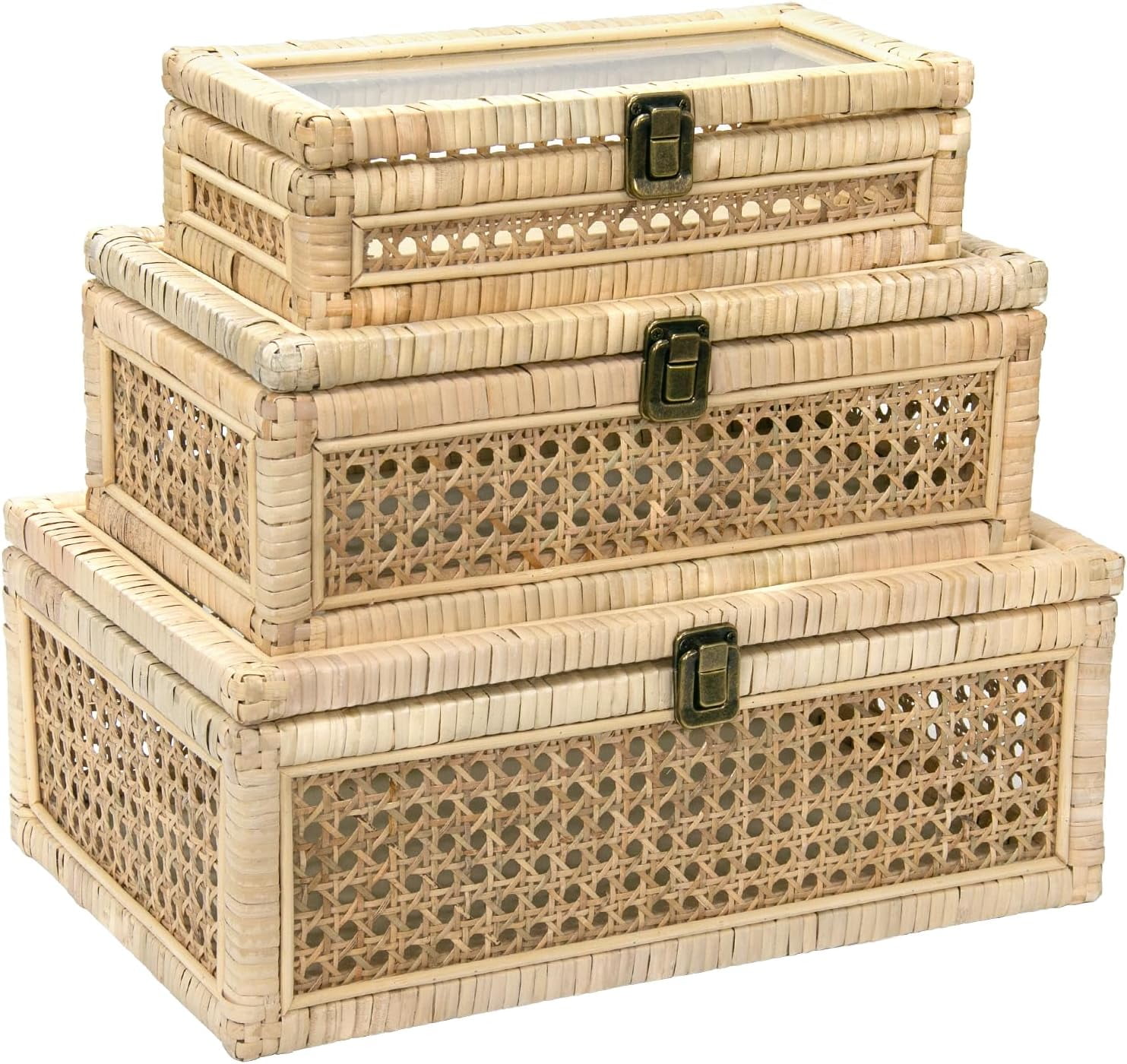 Set of 3 Rattan Decorative Boxes with Glass Lids, Rectangular Boho ...