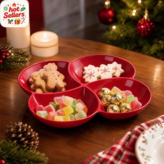 Set of 3 Red 4 Compartment Christmas Serving Tray Set Holiday Snack Platter Perfect for Candy and Nuts Appetizers, Reusable Plastic Party Tableware, Xmas Dining Decor, Festive Table Setting