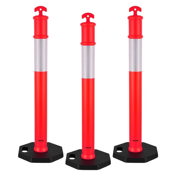 Set of 3 Red 48-Inch Traffic Safety Delineator Posts, Fillable Weighted Base and High-Visibility Reflective Strips for Construction, Lot, and Event Control