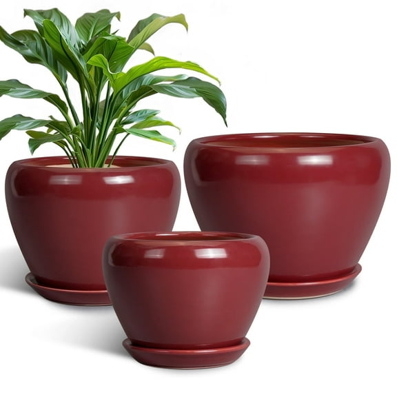 Set of 3 Red Ceramic Plant Pots (10/8/6 Inch with Saucer) - stillaflora Large Planters for Pothos, Succulents & Lavender | Indoor Outdoor Use for Balcony, Porch & Home Decor