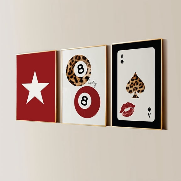 Set of 3 Red Vintage Lucky Star 8 Ball Spade Ace Posters, 8 Ball Leopard Print, Ace Of Spades Kiss Print, Retro Lucky Girl Poster, Funky Y2K Star Apartment Decor, Cherry Red Bedroom Trendy Wall arts