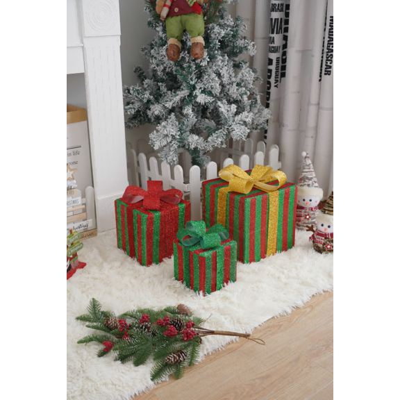 Set of 3 Remote Control LED Christmas Lighted Gift Boxes - 8 Lighting Modes, Battery PoweredOutdoor/Indoor Holiday Decor for Yard, Pathside, and Christmas Tree Red and green stripes