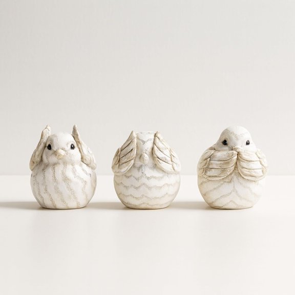 Set of 3 Resin Bird Figurines  Decorative Animal Sculptures for Home Decor  Polyresin Rustic Bird Statues for Shelves, Desks, Tables, or Living Room Accent Display  5" Ivory