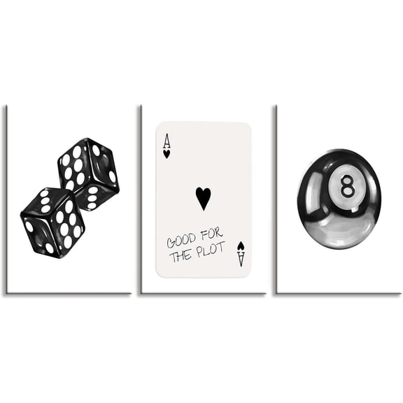 Set Of 3 Retro Dice Posters Good For The Plot Poker Red Hearts Ace Black And White Canvas Wall Art Funky Lucky Number 8 Ball Prints Painting For Home Bedroom Dorm Wall Decor 12x16in Framed
