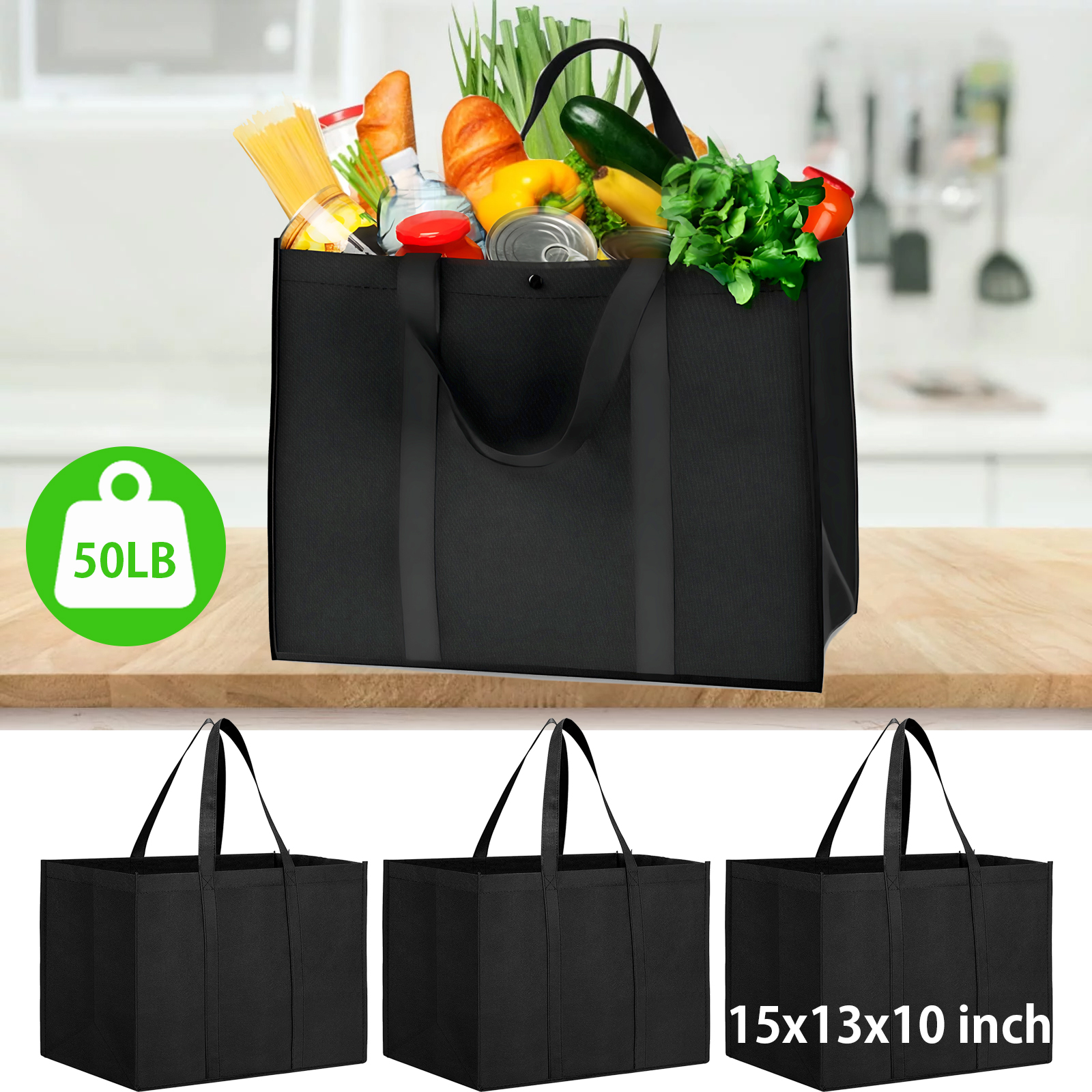 Set of 3 Reusable Grocery Bags,Large Foldable Heavy Duty Bag, Shopping Tote Produce Bag with Reinforced Handles & Thick Plastic Support Bottom, Black Washable Storage - image 1 of 6