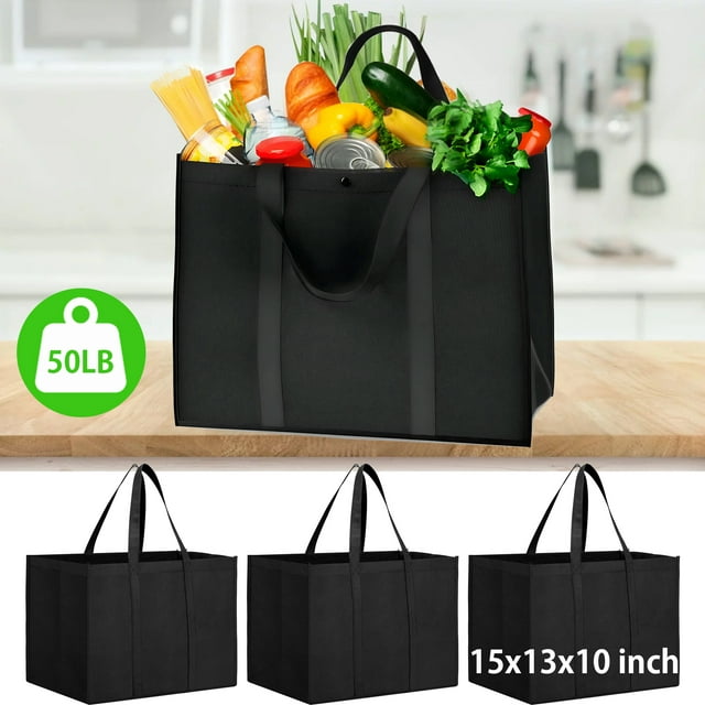 Set of 3 Reusable Grocery Bags,Large Foldable Heavy Duty Bag, Shopping Tote Produce Bag with Reinforced Handles & Thick Plastic Support Bottom, Black Washable Storage