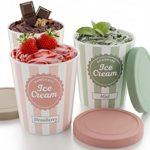 Set of 3 Reusable Ice Cream Containers 1 Quarts ea. - Perfect for Homemade Sorbet, Frozen Yogurt Or Gelato - Stackable Storage Pint Containers, Stickers And Lids Stores Easily In Freezer