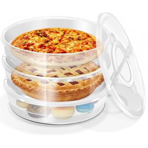 Set of 3 Round 2-Inch Deep Pie Carriers with Secure Lids and Convenient Handles, Dual Compartment Food Storage Containers for Pizza, Pastries, Cakes, and Desserts, Reusable and Durable