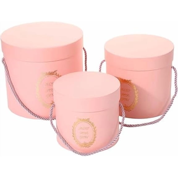 Set of 3 Round Gift Boxes with Lid, Nested Flower Box with Golden Foil Design Party Favor Boxes for Flower Bouquet Arrangement, Birthday, Wedding, Valentine's Day, Anniversary (Pink)