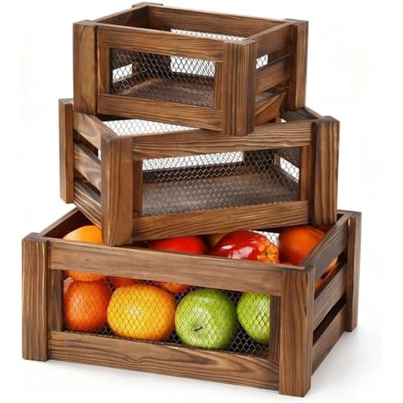 Set of 3 Rustic Nesting Crates, Wooden Organizer Boxes Basket, Small Decorative Wood Wire Containers with Handle for Countertop, Fruit, Veggies, Kitchen, Bathroom, Pantry Storage$$Office