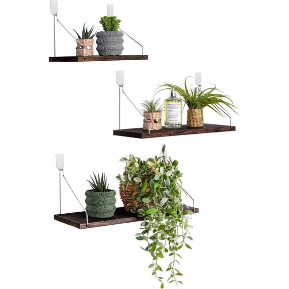 Set of 3 Rustic Solid Wood Floating Shelf Wall Storage Shelves for Living Room, Bedroom, Bathroom, Kitchen Laundry, Office.no Drill Shelf.(Retro Color L+M+S)