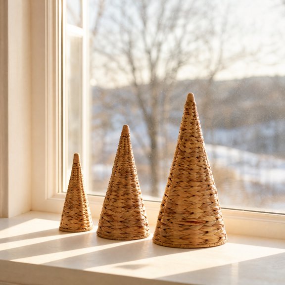 Set of 3 Rustic Wicker Christmas Trees, Handwoven Farmhouse Holiday Decor, Natural Rattan Tabletop Centerpiece for Mantel Shelf Kitchen Counter, Boho Lighted Ornament Base