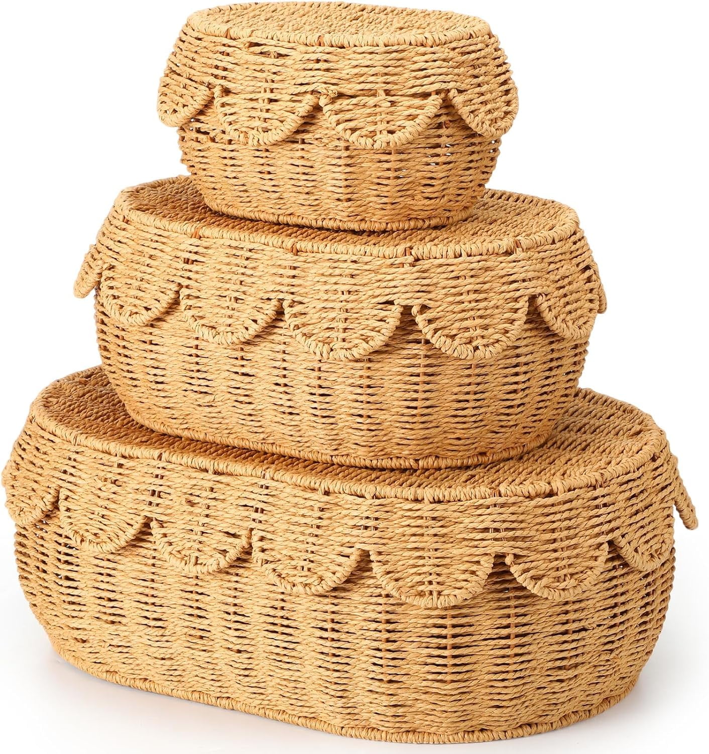 Set of 3 Scalloped Baskets with Lids 10/13/14 Inch Hand Woven Storage ...