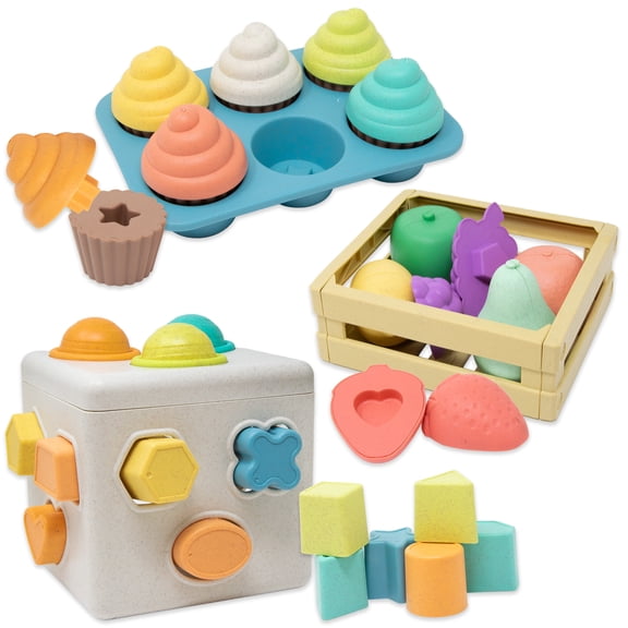 Set of 3 Shape Sorter for Toddlers Montessori Baby Blocks Shape Sorting Cube, Color Matching Fruit & Cupcake Toy, Learning Toys for Kids 18 months + (2025 Model Eco-Friendly Made with Wheat Straw)
