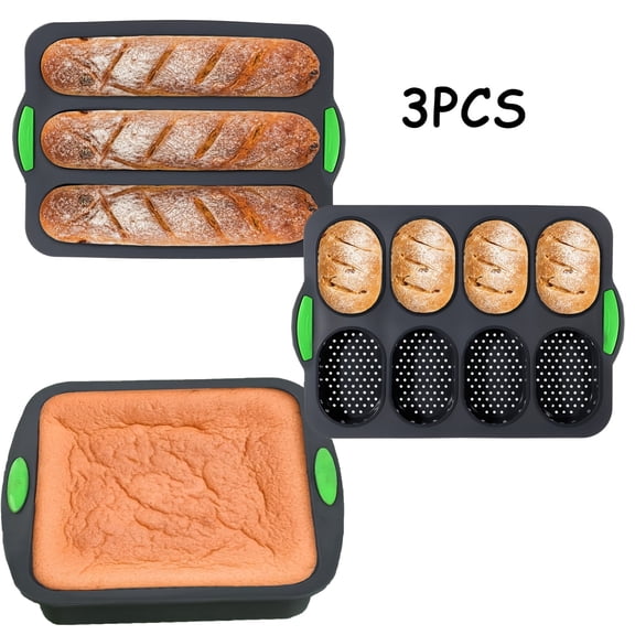 Set Of 3 Silicone Baguette Pan, Nonstick French Bread Bake Mold, 8 Gutter Perforated Ham Burger Buns Sandwich Rolls Pans, 3 Wave Long Loaf Toast Mold Baking Tray for Oven Baker