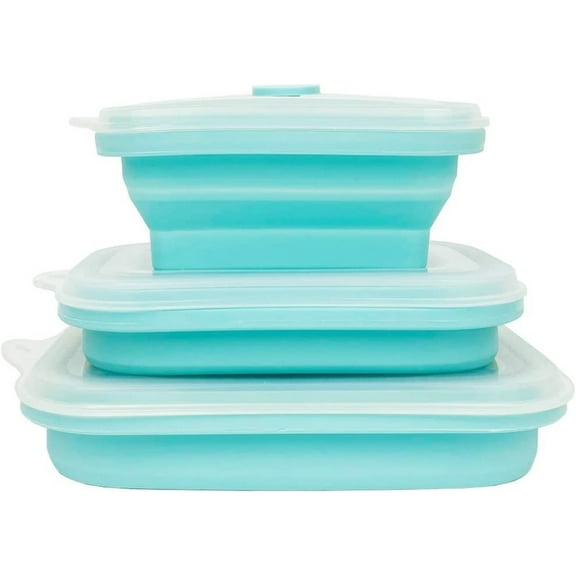 Set of 3 Silicone Collapsible Food Storage Containers with Lids, Happon Prep/Storage Bowls Square Silicone Lunch Container Microwave, Dishwasher & Freezer Safe (Blue)