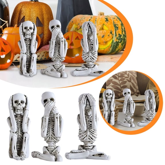 Set of 3 Skeleton Statues Hear See Speak No Skull Figurines, Gothic Resin Decor for Haunted House Halloween Party, Collectible Home Accents Display Set 3Inch