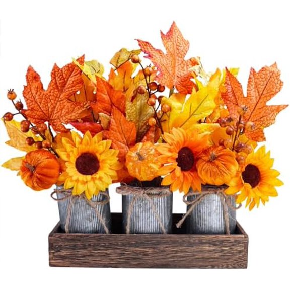 Set of 3 Small Potted Maple Arrangement Artificial Maple Leaf Branches Faux Fall Picks and Sprays in Rustic Galvanized Metal Pots with Decorative Wood Tray