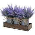 thumbnail image 1 of Set of 3 Small Potted Plants Arrangement Artificial Lavender Flower Plants in Rustic Galvanized Metal Pots with Decorative Wood Tray for Farmhouse Table Centerpiece Windowsill Country Indoor Decor, 1 of 9
