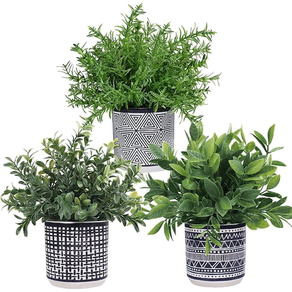 Set of 3 Small Potted Plants Artificial Euc Rosemary Boxwood Plants in Black and White Geometric Pots for Table Centerpiece Kitchen Counter Windowsill Indoor Outdoor Garden Greens Decor