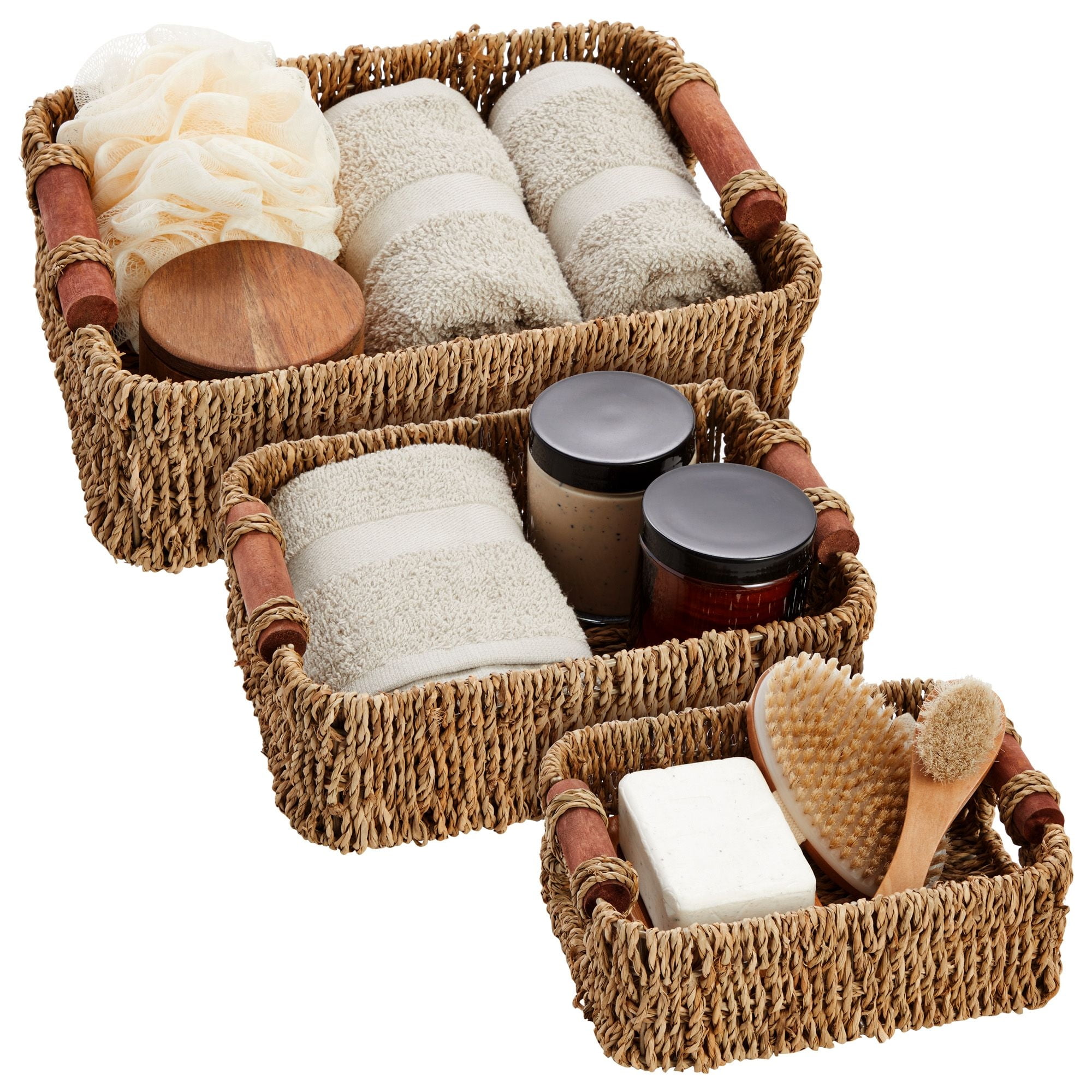 Set of 3 Small Wicker Baskets for Storage, Woven Nesting Bins with Handles  for Bathroom Towels and Toilet Paper Organization, Closet, Shelf, Kitchen
