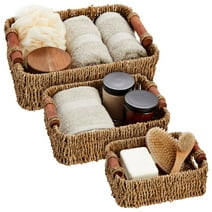 Set of 3 Small Wicker Baskets for Storage, Woven Nesting Bins with Handles for Bathroom Towels and Toilet Paper Organization, Closet, Shelf, Kitchen (3 Assorted Sizes)