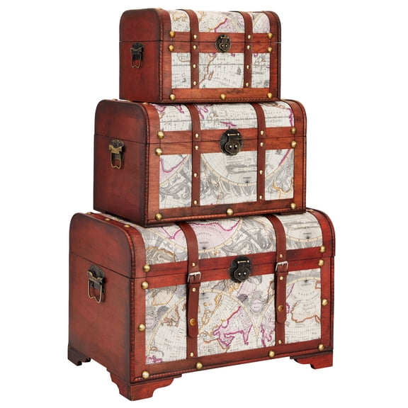 Set of 3 Small Wooden Storage Trunks and Chests, Living Room Dcor Suitcases with Antique Map Print for Jewelry, Crafts, Pirate-Themed Home and Party Decorations (3 Sizes)