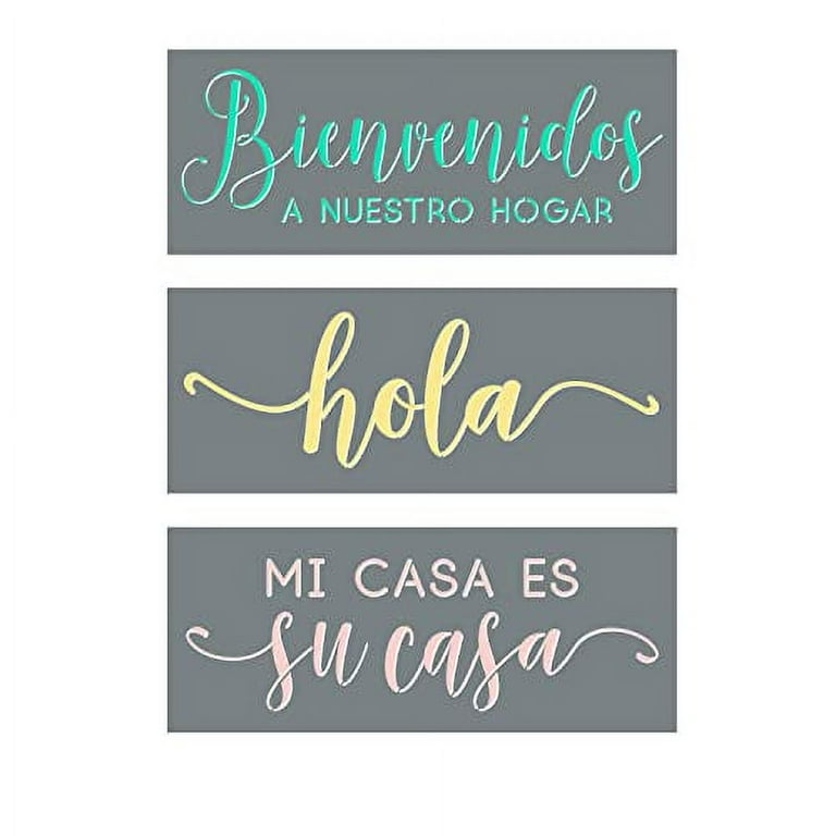 Set of 3 Spanish Word Stencils for Painting on Wood & Creating Unique Handmade Decor - Includes A Bienvenidos Stencil, Hola Stencil & Mi Casa ES Su