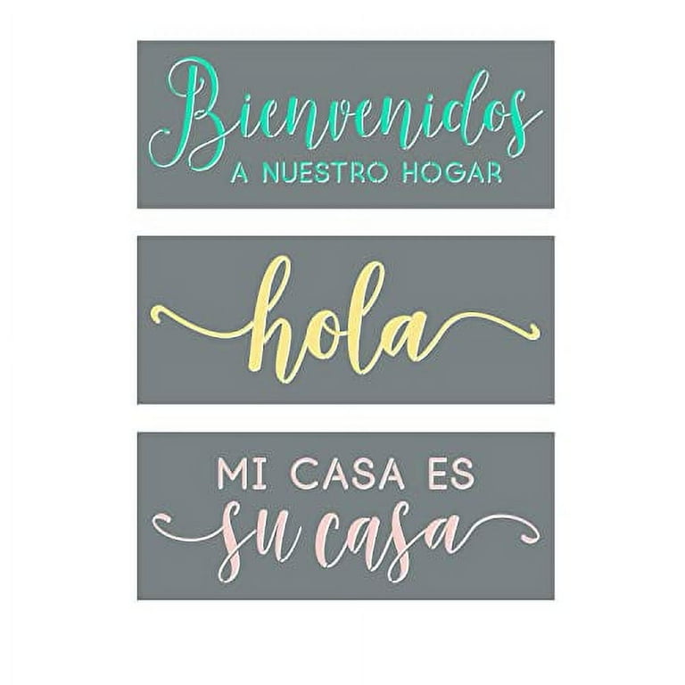 Set of 3 Spanish Word Stencils for Painting on Wood & Creating Unique Handmade Decor - Includes A Bienvenidos Stencil, Hola Stencil & Mi Casa ES Su