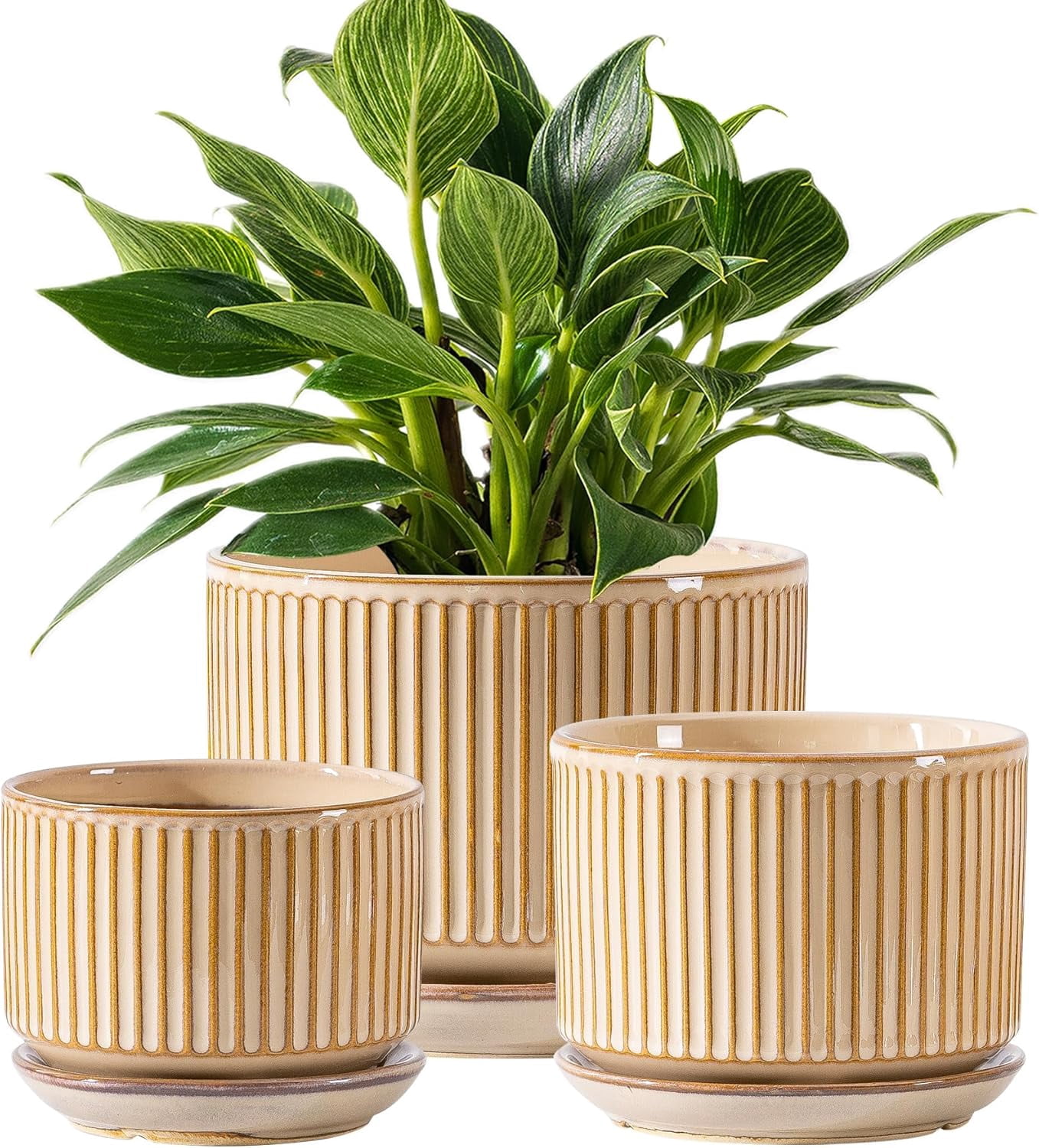 Set of 3 Speckle Gray Ceramic Plant Pots, 4.3+5.5+6.7 Inch with Drainage Hole, Saucer & Hole Pads, Striped Decorative Planter for Indoor Plants and Gardening