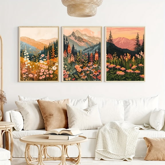Set of 3 Spring Scenery Boho Daisy Mountain Sunset Landscape Art Print, Earth Tones Boho Sunset Wildflower Daisy Flower Art, Spring Colorful Natural Landscape Canvas Painting Wall Art Decoration, No