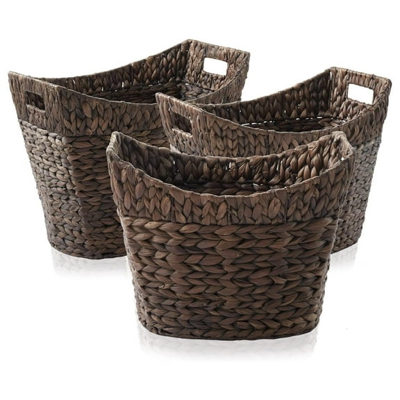 Set of 3 Stackable Oval Laundry Baskets with Handles - Espresso, Woven Water Hyacinth Storage Totes for Throw Blankets, Bathroom, Bedroom, Living Room