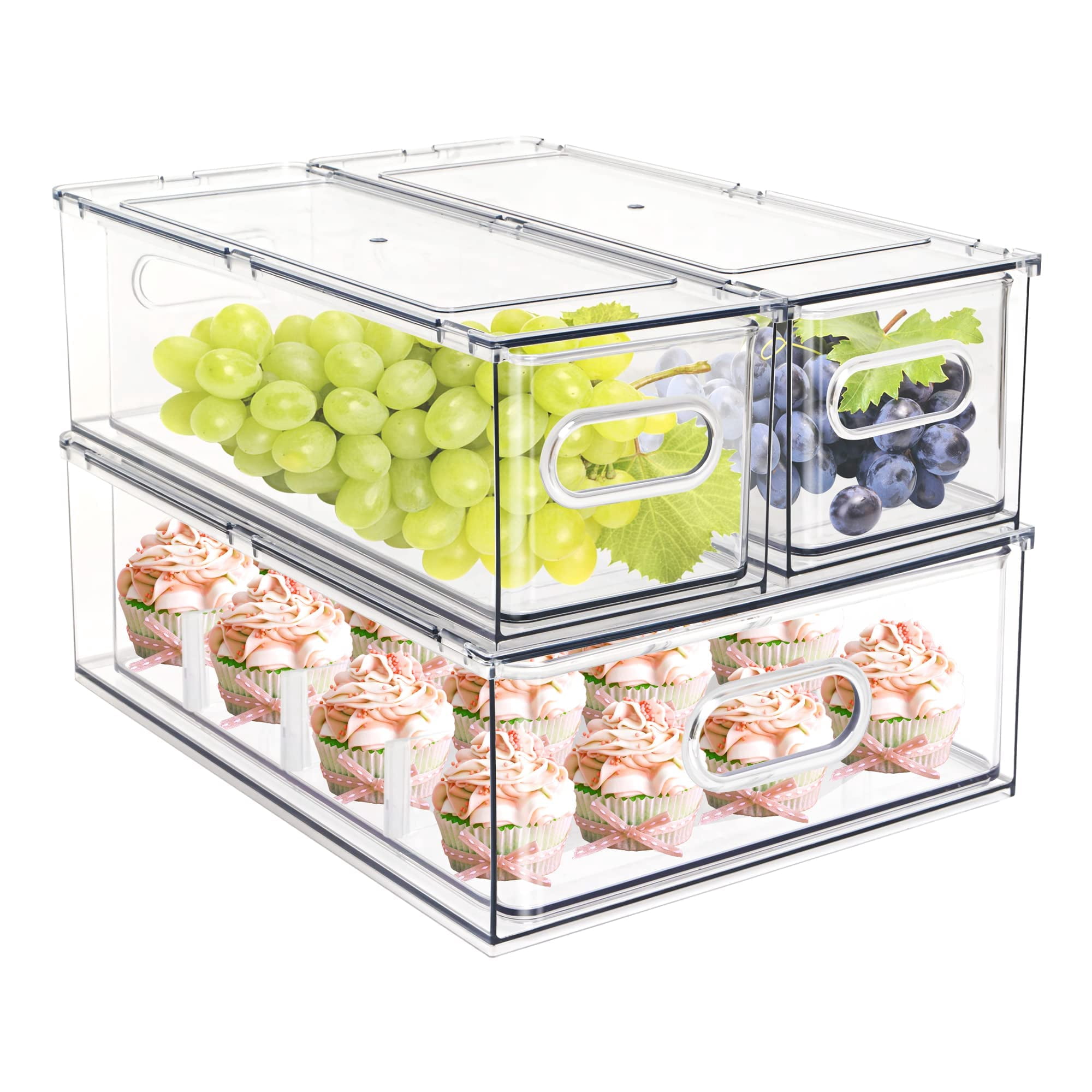 Set Of 3 Stackable Refrigerator Organizer Bins Pull-out Drawers For Fruit And Veggies Divided Storage Fridge Clear Drawer Containers With Handle Produce Saver  Eggs Snack
