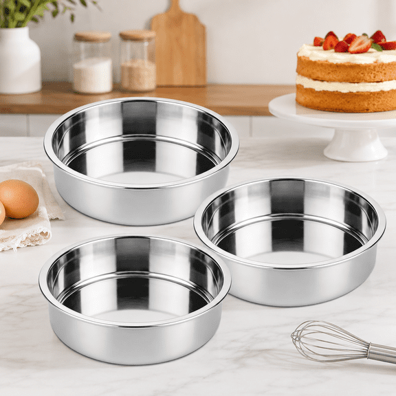 Set of 3 Stainless Steel Cake Pans - 8 Inch Round Layer Cake Baking Molds, Stackable Even Heating Bakeware Set, Dishwasher Safe Tins for Baking Cakes, Home Baker