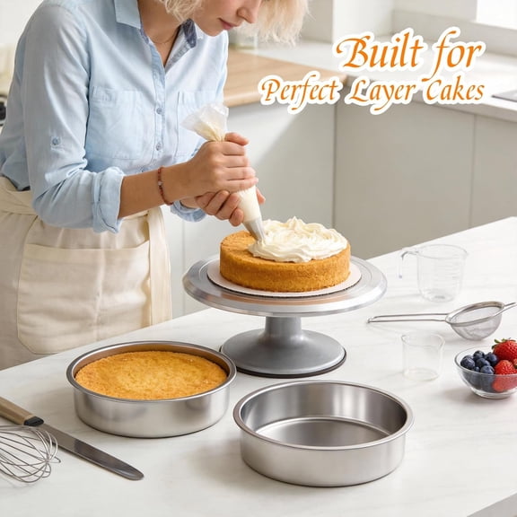 Set of 3 Stainless Steel Cake Pans - 8 Inch Round Layer Cake Baking Pan Molds, Stackable Even Heating Baking Set, Dishwasher Safe Bakeware Tins for Home Bakers, Birthday Party Wedding
